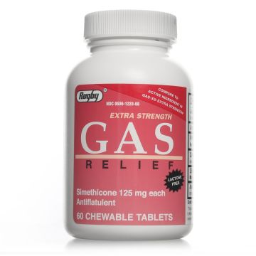 RUGBY Extra Strength Gas Relief - Simethicone 125mg, 60 Chewable Tablets (Generic Gas-X)