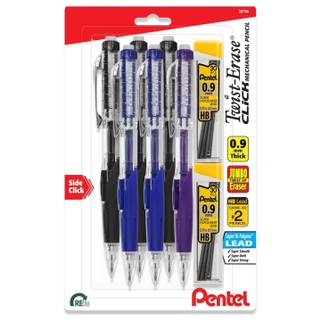 Pentel Twist-Erase Click Mechanical Pencil, 6 Pack with 2 Pack of Lead Refill - 0.9mm