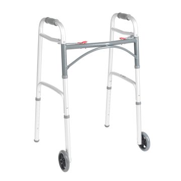 Drive Deluxe Adult Folding Patient Walker, Two Button, with 5" Wheels, Assembled, 350 lb Capacity, 24" x 32" to 39"