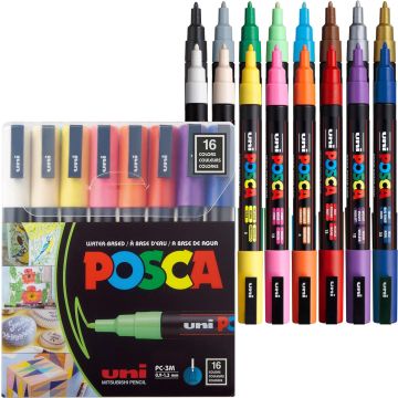 POSCA® PC-3M Water-Based Paint Markers, Fine Reversible Tip (0.9–1.3 mm), 16 Count Assorted Colors