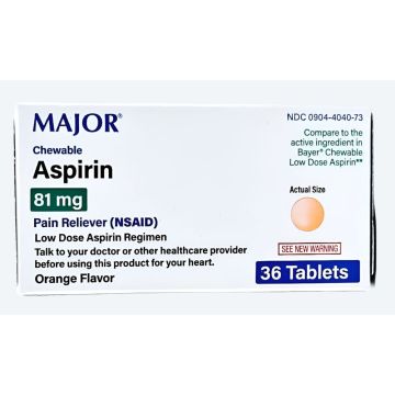 Aspirin 81 mg (Chewable) 1, 3, 6 or 12 Pack by Major - 1 Pack