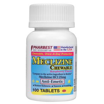 PHARBEST Nausea Relief - Meclizine 25mg, 100 Chewable Tablets (Generic Bonine)