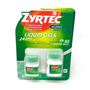 ZYRTEC Allergy Relief - Cetirizine 10mg, 1 x 25 Liquid Gels & 1 x 40 Liquid Gels