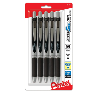 EnerGel RTX Refillable Liquid Gel Pen, 0.7mm, Black Ink 5-pk