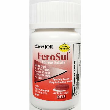 FeroSul (Ferrous Sulfate), 65 mg 100 Tablets (1 or 3 Pack) by Major - 1 Pack