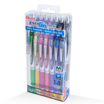 Pentel EnerGel RTX Liquid Gel Pen, (0.7mm) Medium Line, Assorted Ink, 14-pk plastic box