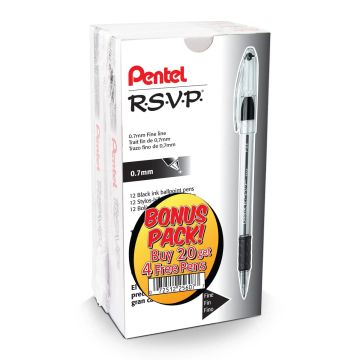 Pentel RSVP Ballpoint Pen, (0.7mm) Fine Line, Black Ink Buy 20, get 4 more FREE