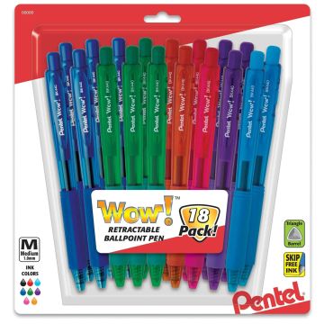 Pentel Wow! Retractable Ballpoint Pen, (1.0mm) Medium Line, NEW Ink, Assorted Colors 18-Pk - Assorted Colors