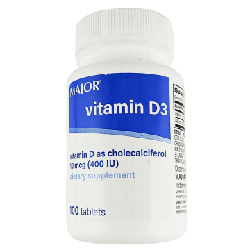 Vitamin D3 10 mcg (400 IU) 100 Tablets by Major