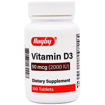 Vitamin D3 Tablets 50 mcg (2000 IU) Dietary Supplement by Rugby 100 Count
